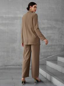 Modelyn Women's Solid Color Notched Collar Long Sleeve Twist Knotted Jacket & Pants Set, Casual Commuter Suit For Autumn - Brown - View 3