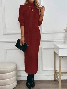 SHEIN Clasi Vestido de suéter de punto trenzado con cuello alto y corte holgado para mujer