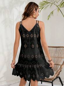 SHEIN Swim Summer Beach Ladies' Solid Color Hollow Out Embroidered Dress With Shawl Music Festival