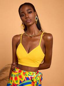 Abeille Creations Designer Boho Bohemian Women's Butter Yellow Solid Basic Crop Cami Top Spring Summer Holiday Vacation, Beach, Festival, Ibiza Fits - Yellow - View 4