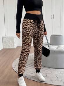 SHEIN LUNE 女士纯色拼布前系带口袋休闲长裤，日常穿着 - 黑色 - 查看 4