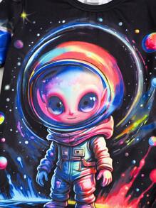 SHEIN Tween Boy Neon Cartoon Alien Print Crew Neck Short Sleeve Shorts 2 Pieces Loungewear Set - Multicolor - View 5