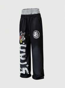 ROMWE MEN Street Life Men's Letter Print Pockets Wide Leg Loose Waistband Sweatpants