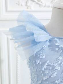 年轻女孩优雅盖袖网眼覆盖连衣裙，夏季 - 藍色 - 查看 4