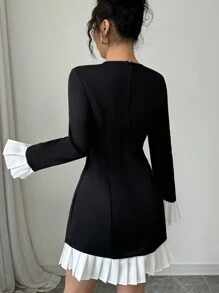 SHEIN Unity Elegant Color Block Pleated Hem Bell Sleeve Dress, Autumn Fall Cloth For Women - Black - View 2