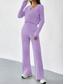 Muchica Khaki Ribbed Knit Cardigan & Knit Pants - Purple - View 5