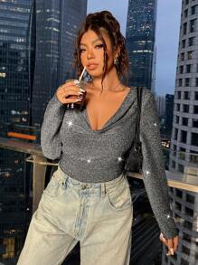 SHEIN EZwear Body brillant à manches longues avec encolure drapée, tailles grandes, parfait pour la Saint-Valentin