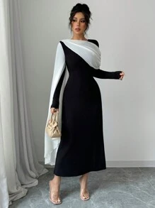 Rafferiza Vestido largo de mujer con cuello redondo de manga larga, asimétrico, de gasa transparente con empalmado de parches en blanco y negro, de estilo original nuevo para vacaciones, citas y fiestas, con cintura alta elástica y cremallera larga, elegante