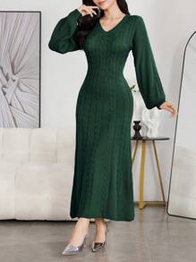 Modelyn Women Casual Solid Color V-Neck Twist Knitted Sweater Dress, Autumn/Winter - Dark Green - View 4