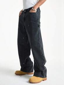 Manfinity EMRG 男士黑色水洗牛仔宽松工装裤，街头休闲风格