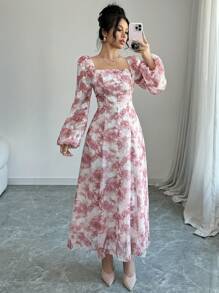 Modelyn 女士优雅花卉印花灯笼袖连衣裙