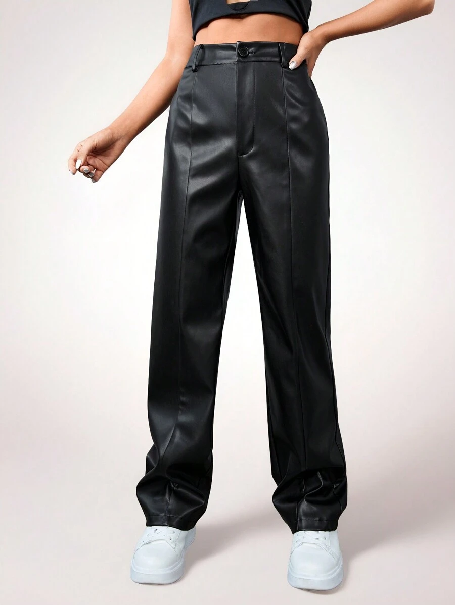 Coolane 高腰 PU 直筒黑裤 - 黑色 - 查看 1