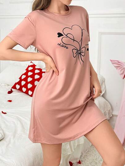Heart Balloon Cartoon Print Short Sleeve Shirt Nightgown view 3