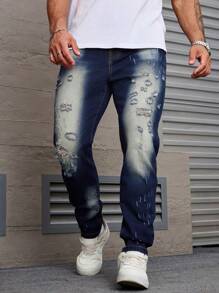 Manfinity Homme Pantalones vaqueros casuales con bolsillos y efecto desgastado para hombres de talla grande