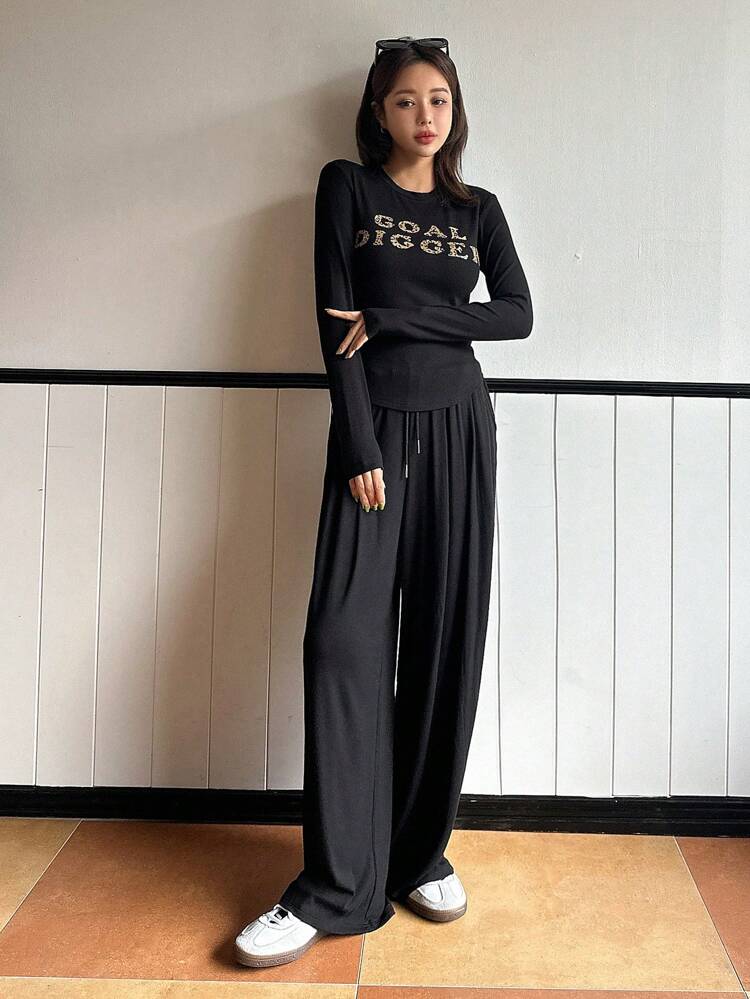 2pcs Women's Letter Print Long Sleeve Top And Long Pants Sportswear Set Lounge Sets For Women