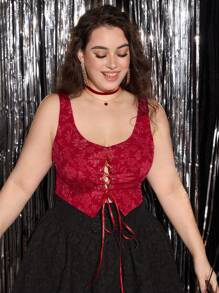 SHEIN MOD 夏季大码红色编织提花背心，正面系带设计 - 紅色 - 查看 5