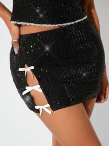 SHEIN SXY Women Sexy Cute Lace Patchwork Contrast Color Bowknot Sequin Camisole And Bodycon Mini Skirt 2 Pieces Set - White - View 5