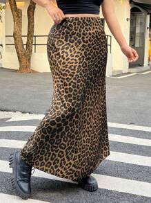 SHEIN EZwear Plus Size Leopard Print Fishtail Skirt, Casual & Fashionable For Everyday Wear