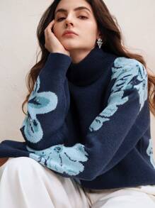Anewsta Suéter con adorno de flores y rhinestones de moda para mujer, suéter de punto para oficina/uso diario, otoño e invierno - Azul - Ver 5