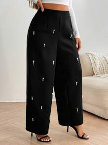 Celure Plus Size Women Pearl Embellished Casual Pants, Minimalist And Fashionable For Everyday Wear
