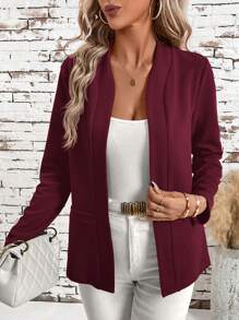 SHEIN Clasi 女士无领口袋百搭优雅简约百搭舒适红色标准秋冬夹克