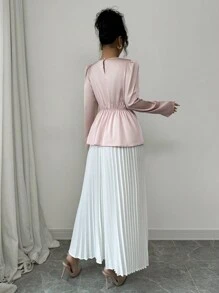 Elenzga Elegant High-Waisted A-Line Pleated Long Sleeve Dress For Women