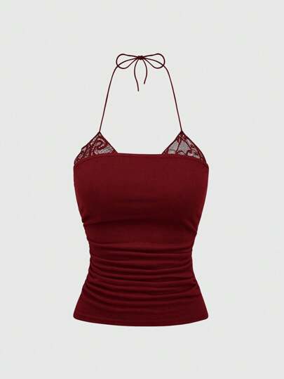 Fairycore Women's Basic 2 In 1 Lace Trim Pleated Halter Neck Camisole