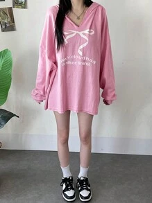 DAZY 女士连帽 V 领蝴蝶印花宽松长袖 T 恤，春/夏/秋季 - 粉色 - 查看 7