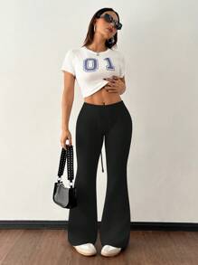 SHEIN PETITE Casual Low-Waist Drawstring Waist Elastic Sports Pants Flared Pants Sweatpants Thermal Lined Composite Velvet Suitable For Autumn And Winter - Black - View 6