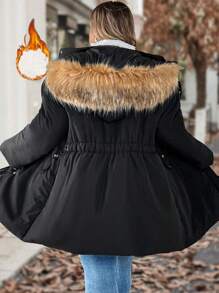 SHEIN CURVE+ Manteau matelassé à capuche, en patchwork moelleux avec poches, pour femmes en grande taille pour l'hiver