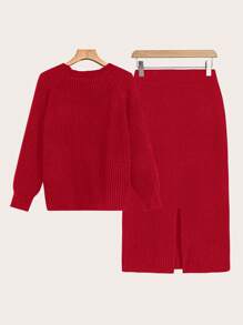 SHEIN LUNE Plus Size Solid Color Sweater And Skirt Set, Casual Autumn/Winter Fall Cloth For Women - Red - View 2