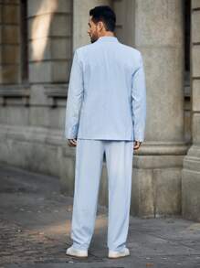 Manfinity Mode Men's Striped Lapel Neck Long Sleeve Jacket And Pants Casual Suit Set, Autumn - Blue - View 2