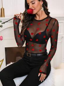 SHEIN Clasi 情人节心形网眼女士圆领透明修身衬衫 - 黑色 - 查看 4