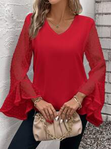 SHEIN Clasi Camisa de manga larga de cuello en V de unicolor, moda minimalista y casual para uso diario - Burdeos - Ver 4