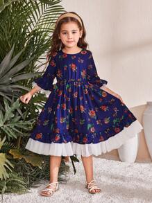 SHEIN 年轻女孩编织花卉圆领撞色网眼拼接紧身连衣裙 - 藍色 - 查看 4