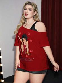 Betty Boop | ROMWE 大码卡通人物与唇印撞色蕾丝不对称领口落肩宽松 T 恤，夏季，图案 T 恤