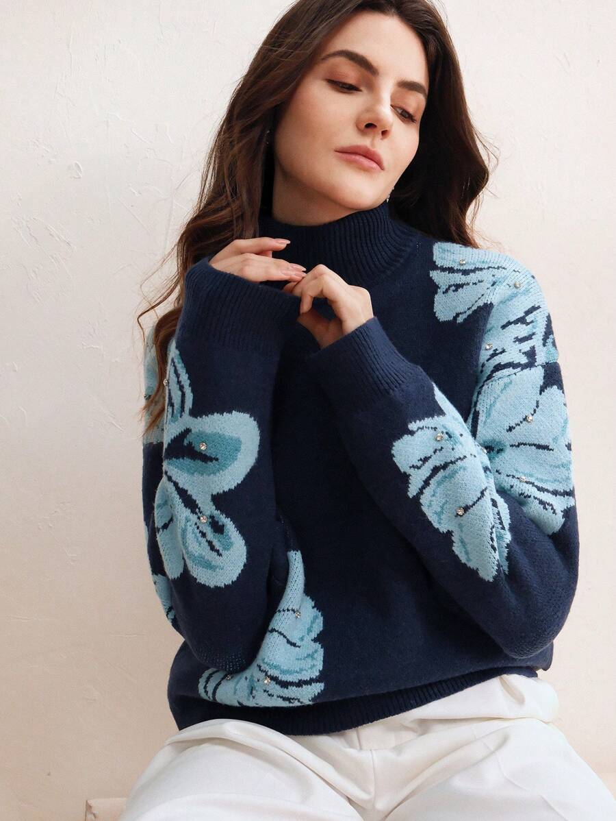 Anewsta Suéter con adorno de flores y rhinestones de moda para mujer, suéter de punto para oficina/uso diario, otoño e invierno - Azul - Ver 1