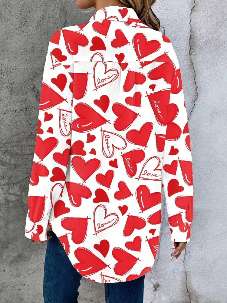 Casual Heart Pattern Loose Long Sleeve Cardigan Women's Shirt, Suitable For Autumn/Winter Valentine's Day Valentine Gift