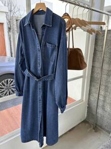 DAZY Vestido camisero de manga larga con cintura y cuello de mezclilla para mujer - Azul - Ver 2