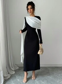 Rafferiza Vestido largo de mujer con cuello redondo de manga larga, asimétrico, de gasa transparente con empalmado de parches en blanco y negro, de estilo original nuevo para vacaciones, citas y fiestas, con cintura alta elástica y cremallera larga, elegante