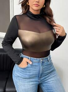 SHEIN Privé بوديسوت داخلية للنساء ذوات المقاسات الكبيرة مريحة وكاجوال من خليط المطاط والشبكة، بوديسوت داخلية مطاطية ذات أكمام طويلة باللون الأسود للخارج