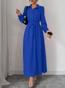 Elenzga Elegancka sukienka na imprezę świąteczną dla kobiet, modny styl dojeżdżania do pracy, długi rękaw, kołnierzyk, pasek w talii z kokardą, jednolity kolor, długość maxi - Królewski Niebieski - Zobacz 6