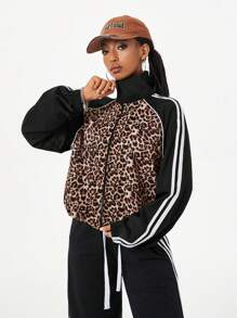 Coolane Women's Fall/Winter Streetwear Going Out Daily Wear Leopard Pattern Graphics Patchwork High Neck Windbreaker Jacket