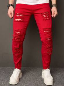 Manfinity Roughcore Plus Size Men's Casual Plain Ripped Jeans - Red - View 1