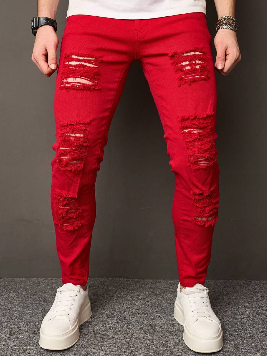 Manfinity Roughcore Plus Size Men's Casual Plain Ripped Jeans - Red - View 1