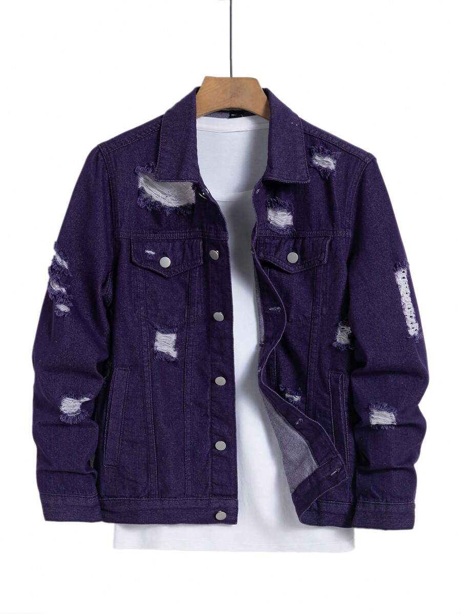Manfinity Homme Men's Simple Fashion Casual Denim Jacket, Everyday Wear - Purple - View 1