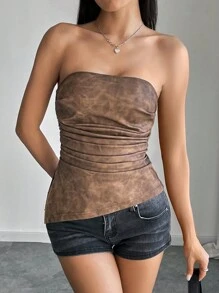 SHEIN EZwear Women's Vintage Brown PU Leather Ruched Crop Top