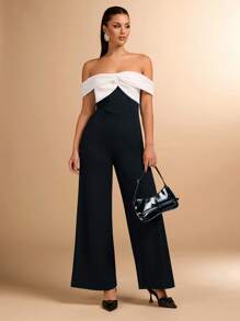SHEIN BAE Elegant Women's Black & Color Block Jumpsuit, Great For Daily Wear, Dating, Outing, Nightclub, Party Gathering, Suitable For Halloween