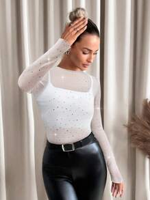 SHEIN Clasi Elegante camicetta luccicante in rete con strass per festa - Bianco - Visualizzare 4