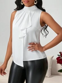 SHEIN Lady White Satin Elegant Blouse With Ruffle Design Small Stand Collar Women's Blouse